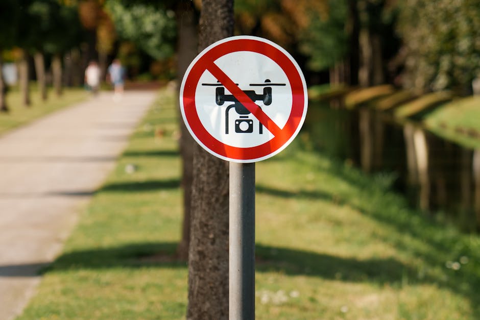A circular traffic sign with a white background, red border, and a black drone symbol crossed out with a red diagonal line, indicating no drone flying, mounted on a grey metal pole situated along a paved pathway in a park. Behind the sign, the pathway continues into the distance, flanked by green grass, trees with brown trunks, and a few blurred pedestrians walking further along the route. To the right, there is a narrow waterway with wooden fencing along its edge. The scene is illuminated by natural daylight, capturing a quiet, outdoor environment typical of residential or public park areas. This image exemplifies the type of signage encountered in outdoor spaces where drone activities are prohibited, relevant to home relocation settings involving logistical considerations for removals and transport coordination, as handled by companies like Man with Van Oakleigh Park.